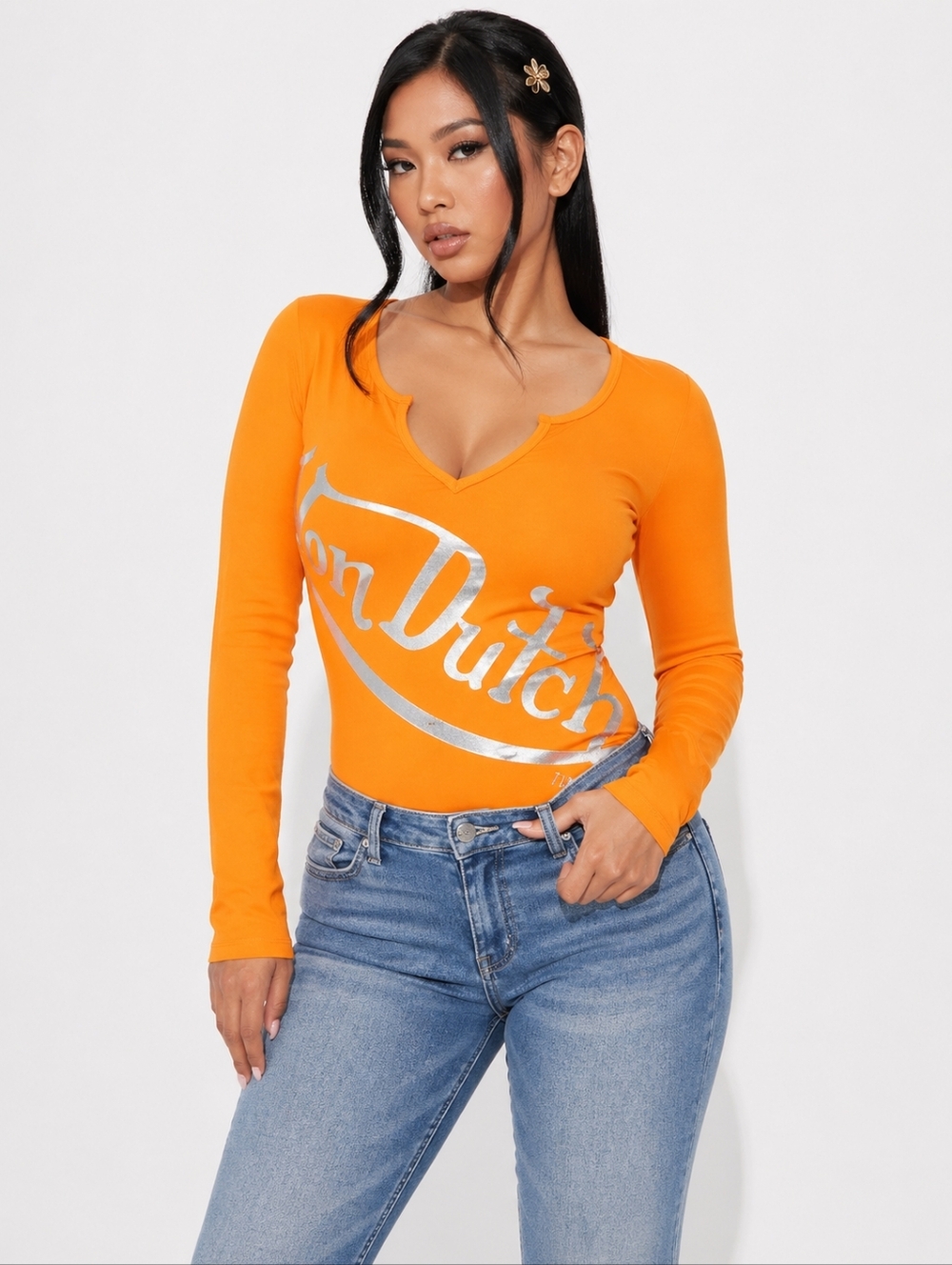 VON DUTCH Long Sleeve Bodysuit Orange Graphic Top NWT Long Sleeve Women's SMALL - Picture 6 of 6